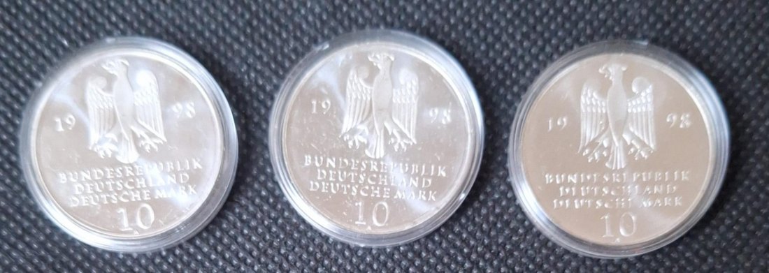  Silbermünzen: 3 x 10 DM 1998 A, Franckesche Stiftungen, gesamt 42,96 g fein   
