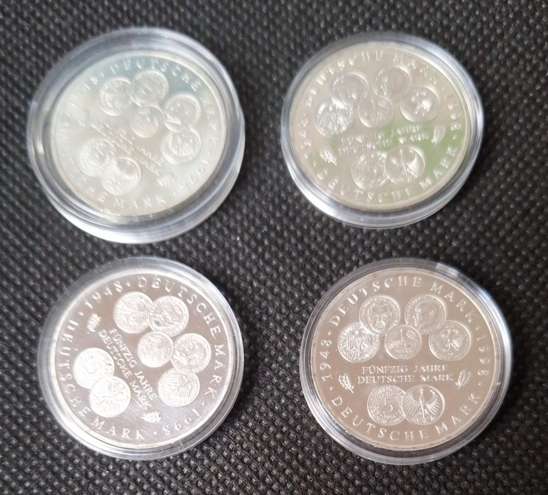  Silbermünzen: 4 x 10 DM 1998 F, 50 Jahre Deutsche Mark, ca. 57 g fein   