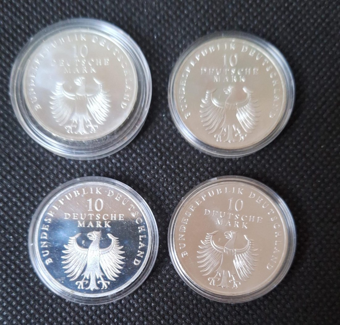 Silbermünzen: 4 x 10 DM 1998 F, 50 Jahre Deutsche Mark, ca. 57 g fein   
