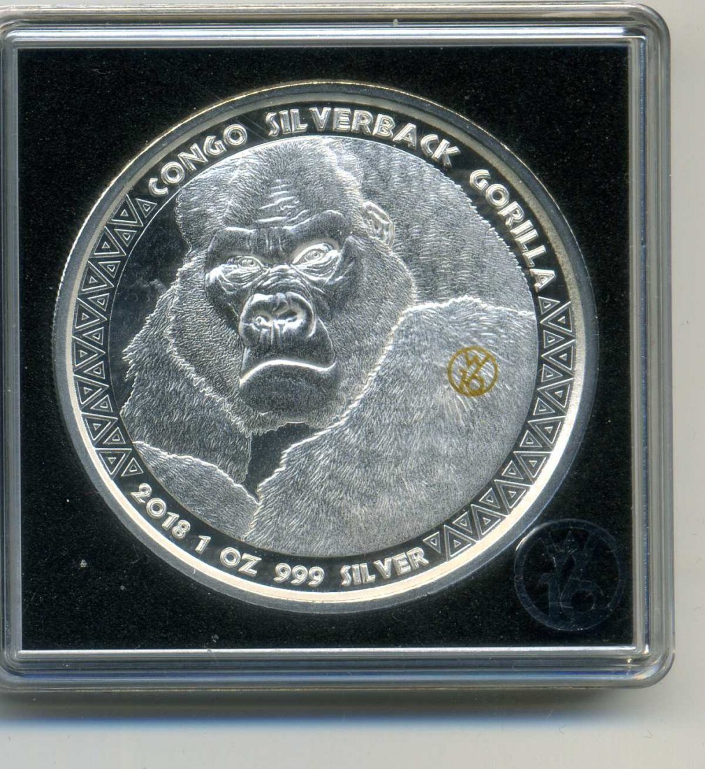 Kongo 5000 Francs Berggorilla 2018 Privy Mark W16 1 Unze Feinsilber stempelglanz in Original Kapsel