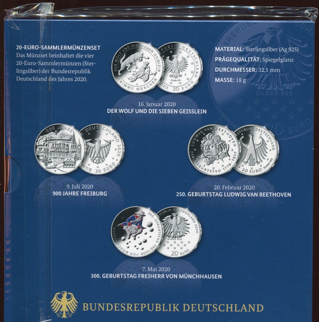  BRD 20 Euro-Sammlermünzenset 2020 in Spiegelglanz Original verpackt   