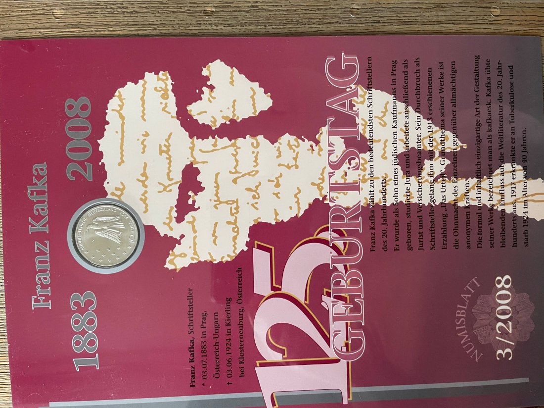  Numisblatt 10 Euro Münze 925er Franz Kafka 2008   