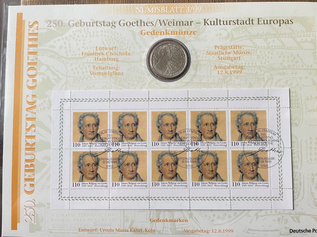  Numisblatt 3/1999 250. Geburtstag Goethes/Weimar 10 DM 925er silber   