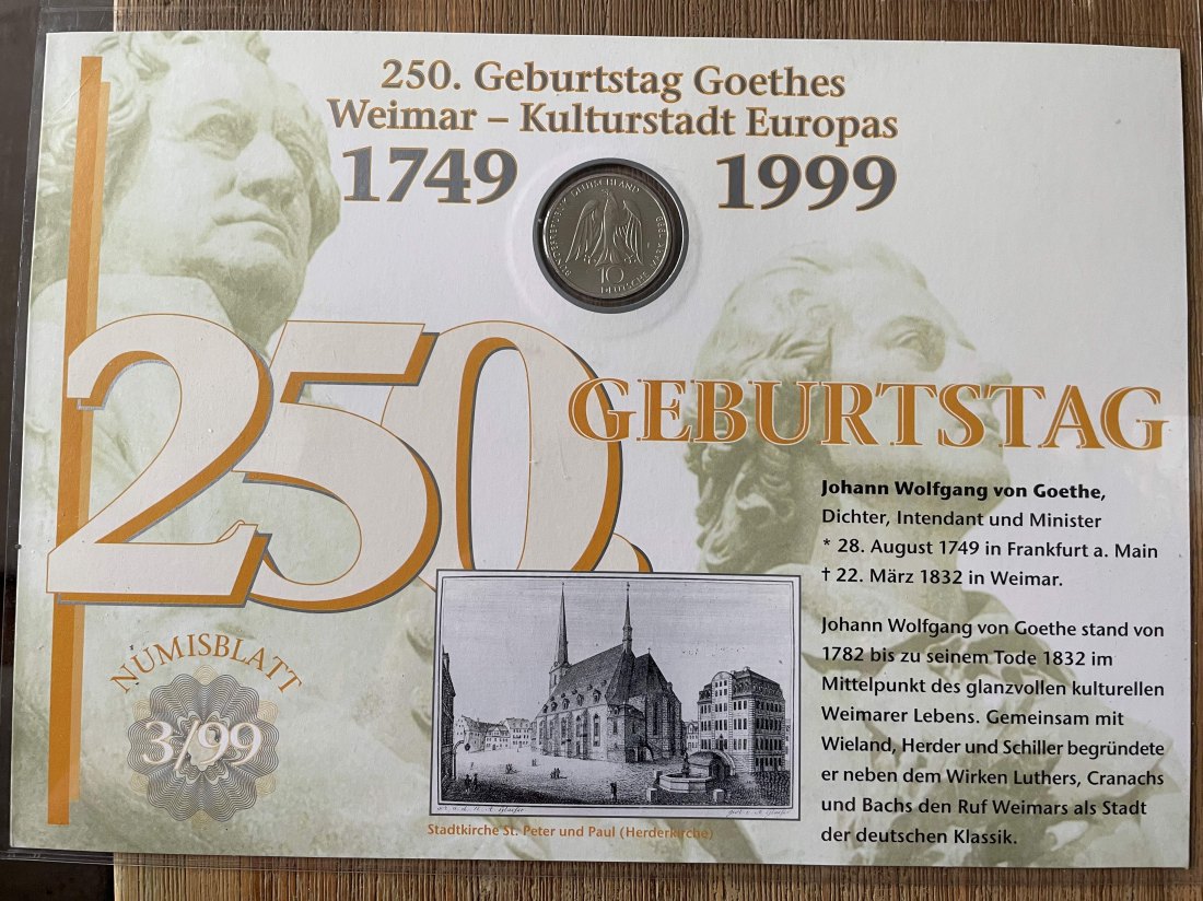  Numisblatt 3/1999 250. Geburtstag Goethes/Weimar 10 DM 925er silber   