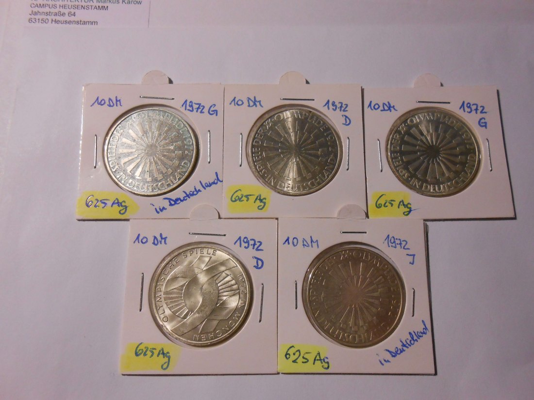  10 DM Silbermünzen 1972 Olympiade München 5 Stück   