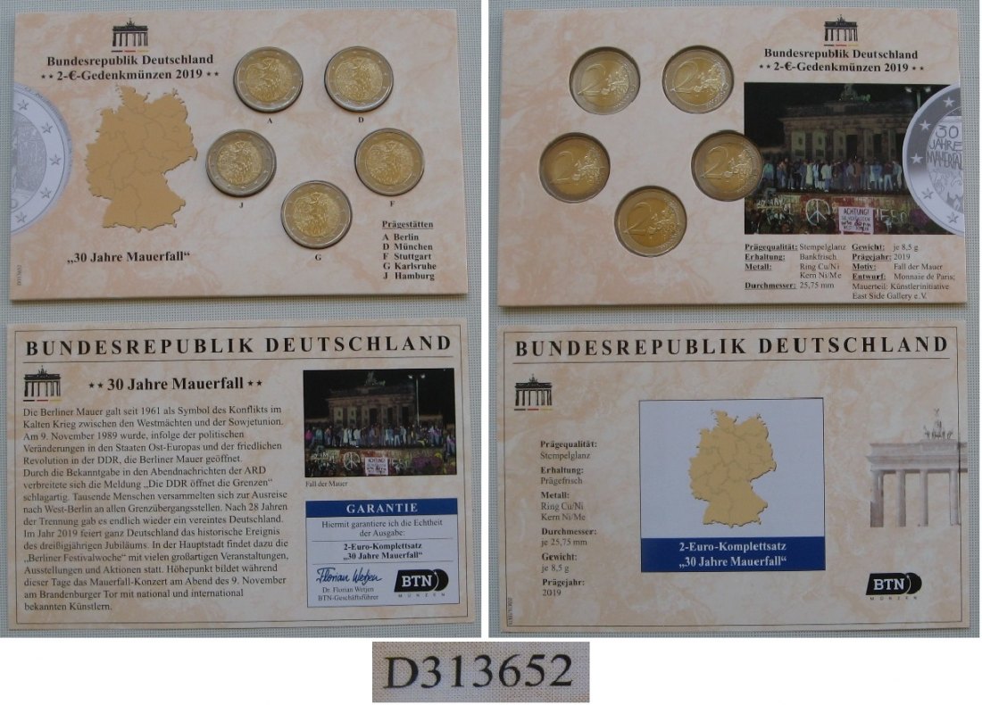  2019-Germany-5x2 Euro(A,D,F,G,J)-Coin Set Blister:Fall of the Berlin Wall-BU- Quality certificate   