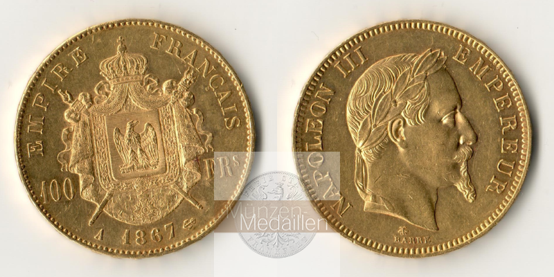 Frankreich 100 Francs MM-Frankfurt Feingold: 29,03g Napoleon III. 1867 A 