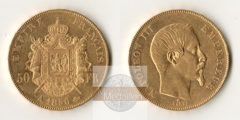 Frankreich MM-Frankfurt Feingold: 14,52g 50 Francs 1856 A 