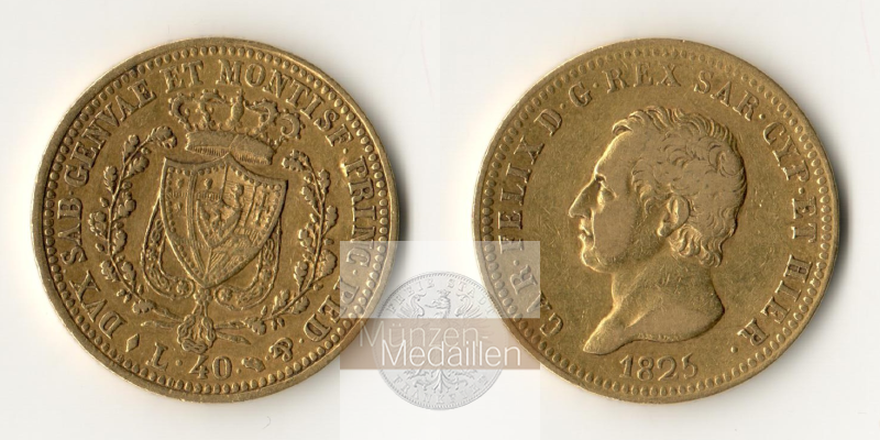 Sardinien, MM-Frankfurt Feingold: 11,61g 40 Lire 1825 