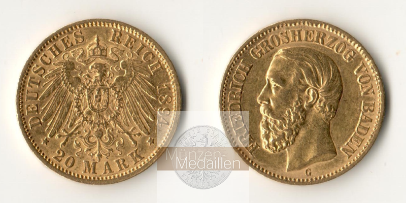 Dt. Kaiserreich Baden, Friedrich I MM-Frankfurt KM#270 Feingold: 7,17g 20 Mark (1894-1895) 1894 G 