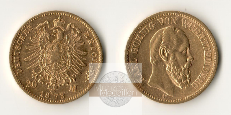 Dt. Kaiserreich Württemberg, Karl I MM-Frankfurt KM#622 Feingold: 7,17g 20 Mark (1872-1873) 1873 F 