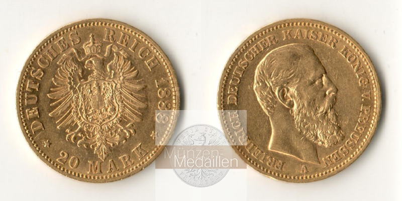 Dt. Kaiserreich Preussen, Friedrich III MM-Frankfurt KM#515 Feingold: 7,17g 20 Mark 1888 A 