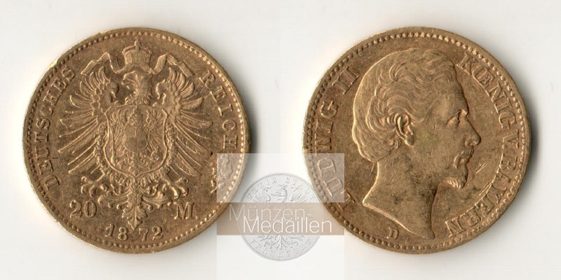 Bayern, Kaiserreich 20 Mark MM-Frankfurt Feingold: 7,17g Ludwig II. 1864-1886 1872 D 