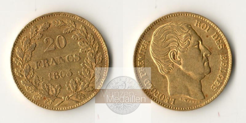  Belgien 20 Francs Léopold I 1865 (1864-1866) MM-Frankfurt Feingold: 5,805g   