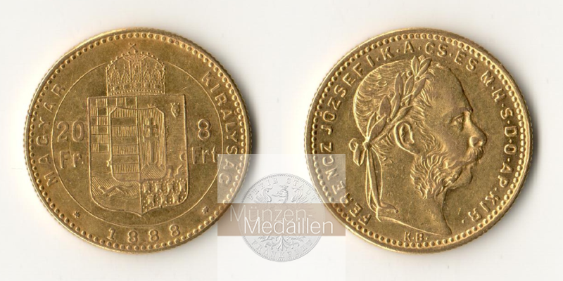 Ungarn, Königreich 1867-1918 MM-Frankfurt Feingewicht 5,81g 8 Forint 1888 KB 