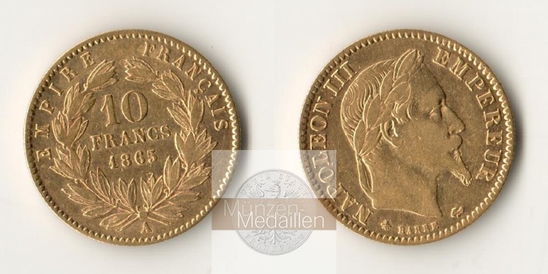 Frankreich Napoleon III MM-Frankfurt KM#800 Feingewicht: 2,9g 10 Francs 1865 A (1861-68) 