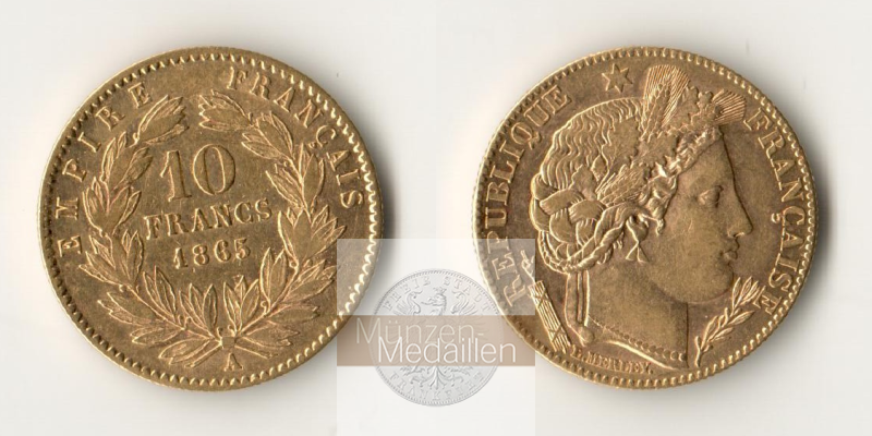 Frankreich Napoleon III MM-Frankfurt KM#800 Feingewicht: 2,9g 10 Francs 1865 A (1861-68) 