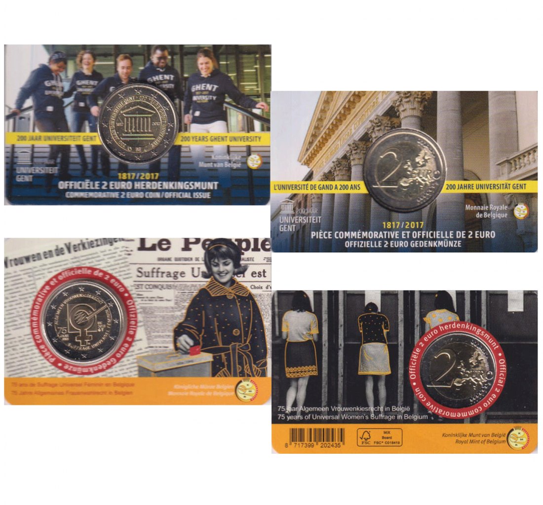  Coincard 2x 2-€-Sondermünze Belgien *200 Jahre Uni Gent* 2017 NL + *Frauenwahlrecht* 2023 NL   