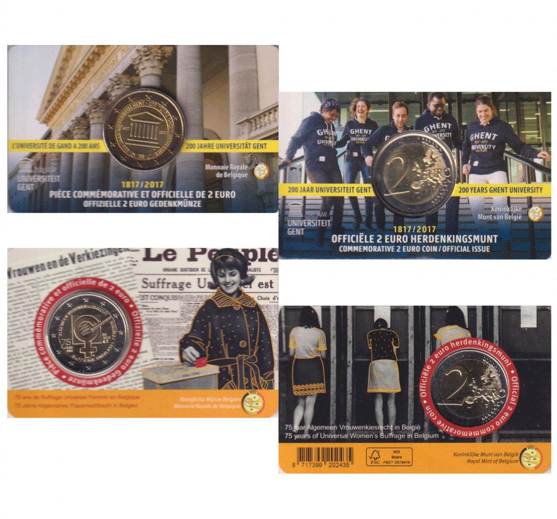  Coincard 2x 2-€-Sondermünze Belgien *200 Jahre Uni Gent* 2017 Fr + *Frauenwahlrecht* 2023 NL   