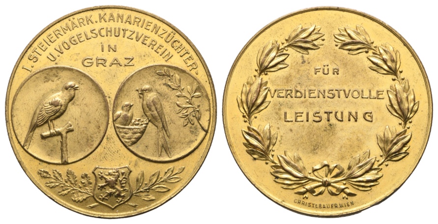  Österreich-Graz,Kanarienzüchter-u.....Verein; vergoldete Bronzemedaille o.J.; 35,39 g; Ø 46,3 mm   