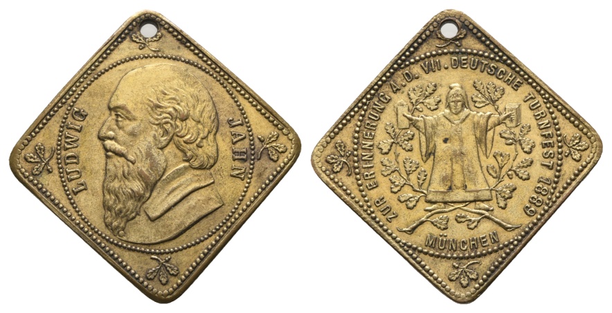  Bronzeplakette 1889, Turnfest in München; gelocht, vergoldet, 9,85 g; Ø 26,7 mm   