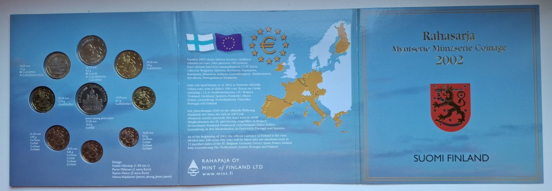  Finnland Kursmünzsatz 2002 mit Medaille in Stempelglanz   