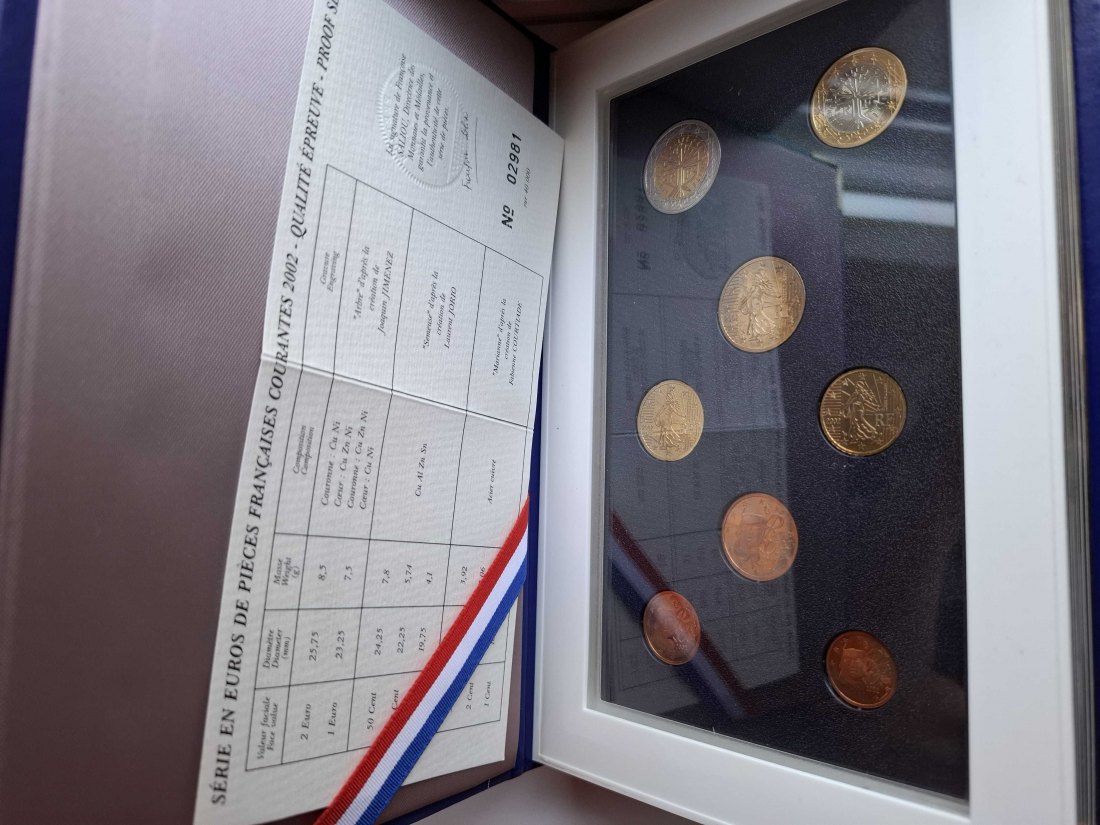  Frankreich Kursmünzsatz 2002 in Polierte Platte mit Zertifikat   