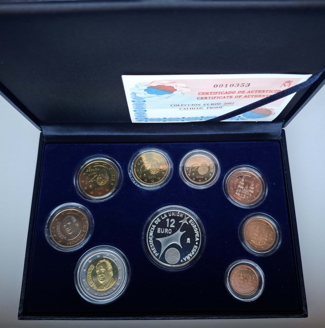  Spanien Kursmünzsatz 2002 mit 12 € Münze in Polierte Platte mit Zertifikat   