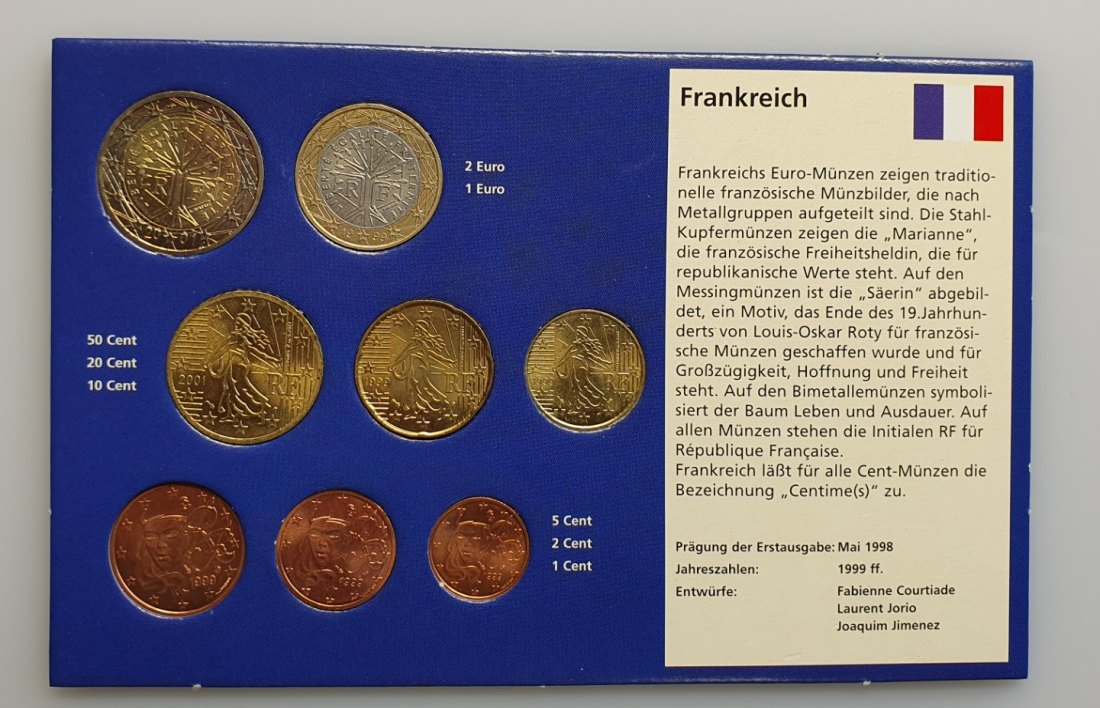  Frankreich Euro Kursmünzen Satz KMS verschiedene Jahrgänge Nominalwert 3,88 Euro   
