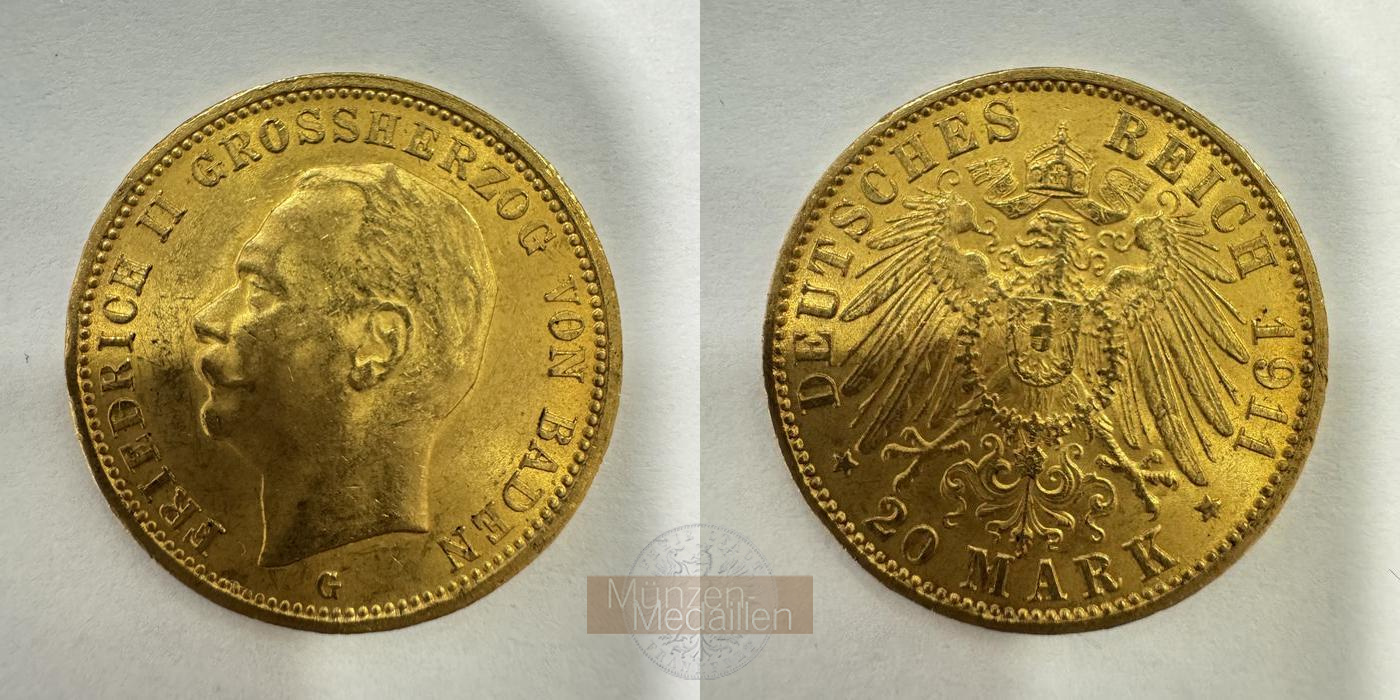 Deutsches Kaiserreich. Baden, MM-Frankfurt KM#284 Feingold: 7,17g Friedrich II. 20 Mark 1911 G 