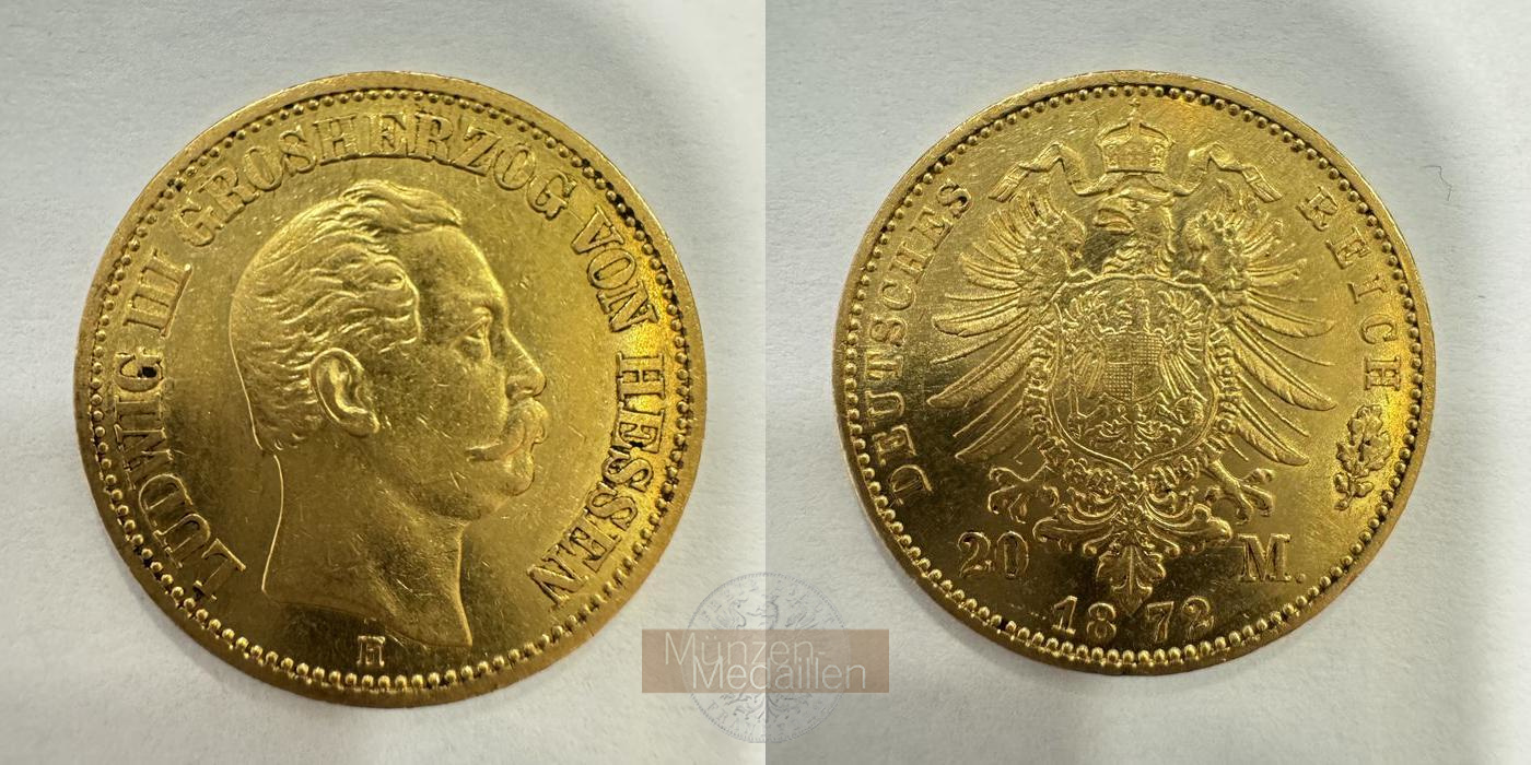  Deutsches Kaiserreich. Hessen, Ludwig III. 20 Mark 1872 H  MM-Frankfurt  Feingold: 7,17g   