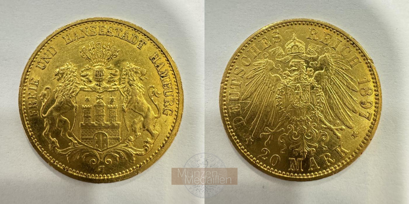 Deutsches Kaiserreich. Hamburg MM-Frankfurt KM#618 Feingold: 7,17g 20 Mark 1897 J  