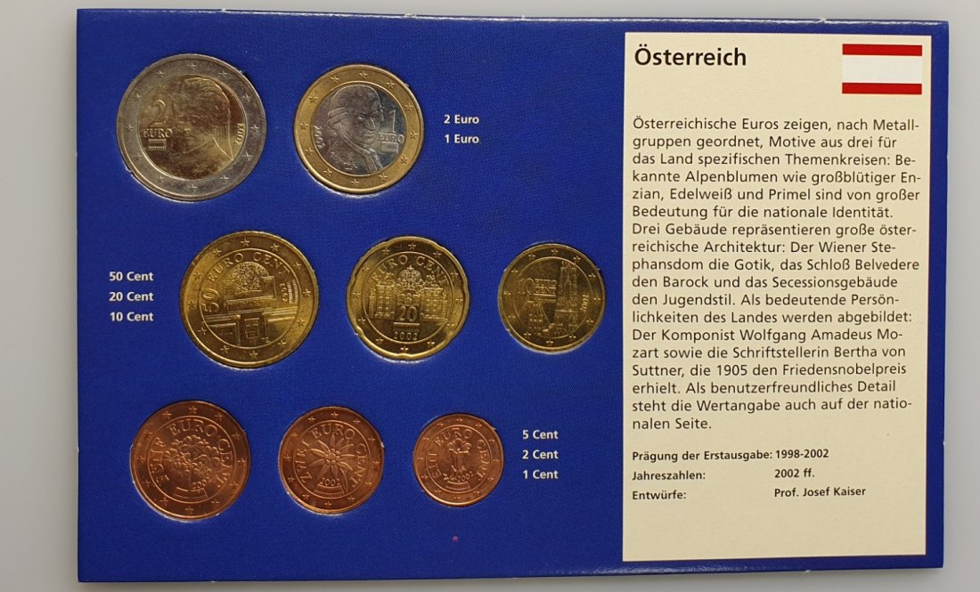  Österreich Euro Kursmünzen Satz KMS 2002 Nominalwert 3,88 Euro   