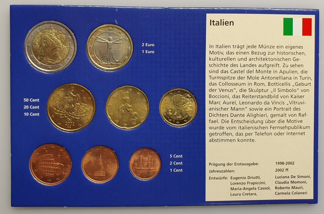  Italien Euro Kursmünzen Satz KMS 2002 Nominalwert 3,88 Euro   