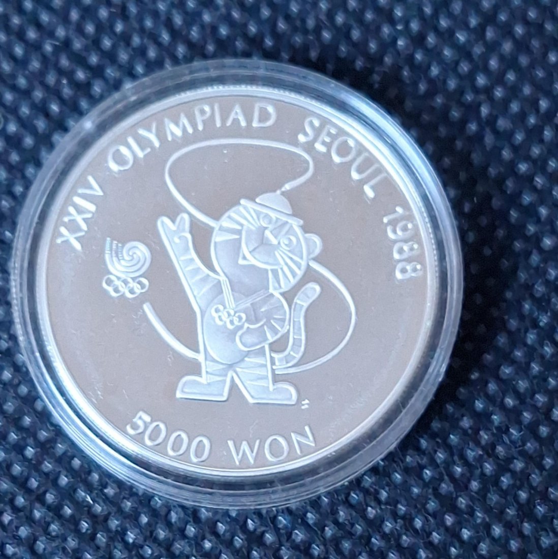  Silbermünze: Südkorea, 5000 Won 1986, Hodori Tiger, Olympische Spiele, 15,55 g fein (1/2 Unze)   