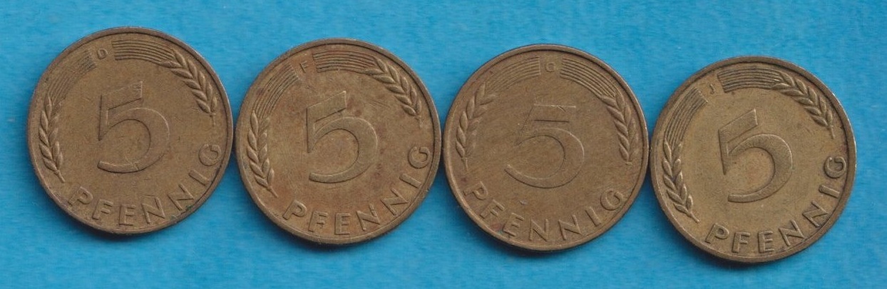 5 Pfennig 1950 D + F + G + J kompl.Satz