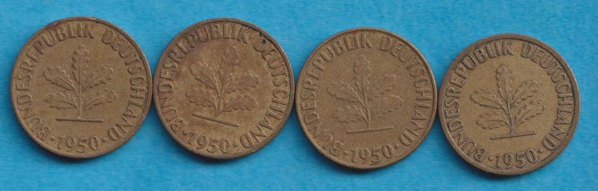  5 Pfennig 1950 D + F + G + J kompl.Satz   
