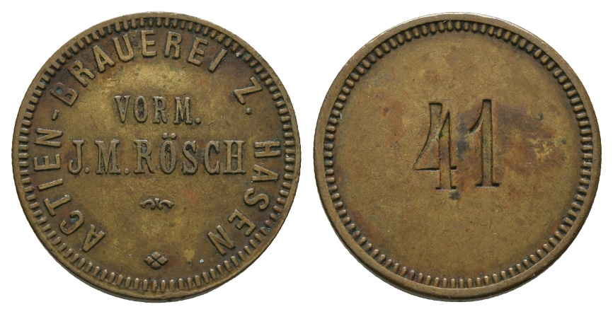  Bayern, Augsburg, Actien-Brauerei Z. Hasen vorm, J.M.Rösch, gepunzt: 41; Menzel 900   