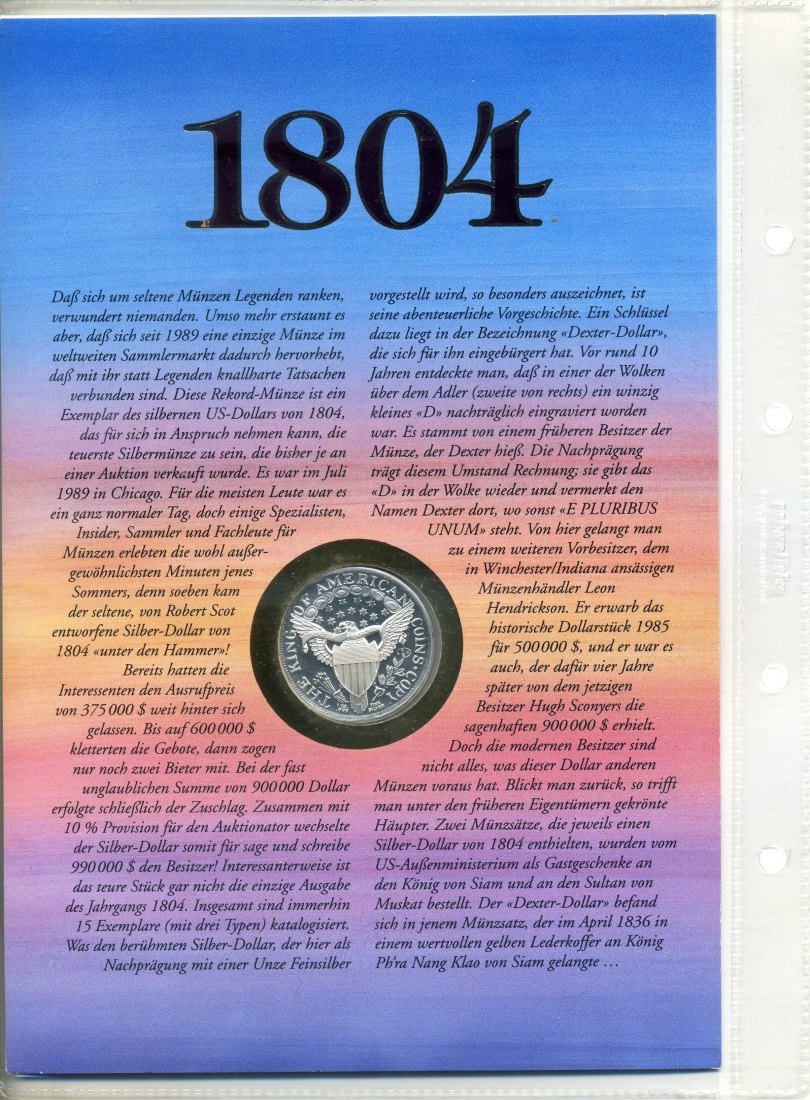  1 Dollar 1804 die teuerste silbermünze der welt als 1 Unzen Silber Nachprägung im Original Folder   