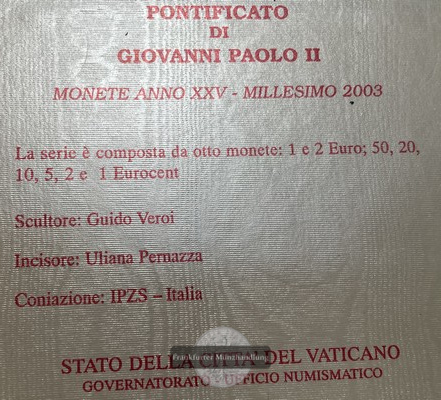  Vatikan    Euro-Kursmünzensatz   2003  Pontifakt von Papst Johannes Paul II (8 Münzen) FM-Frankfurt   