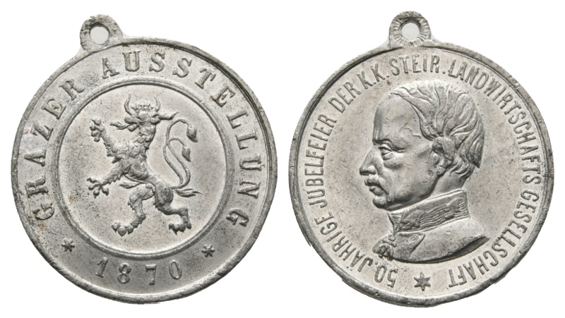  Österreich Grazer Ausstellung 1870; Zinnmedaille, gehenkelt, 5,07 g; Ø 26,7 mm   