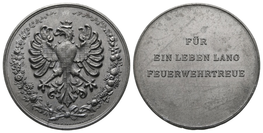  Österreich, Feuerwehrtreue; Zinnmedaille, 43,04 g; Ø 51,2 mm   