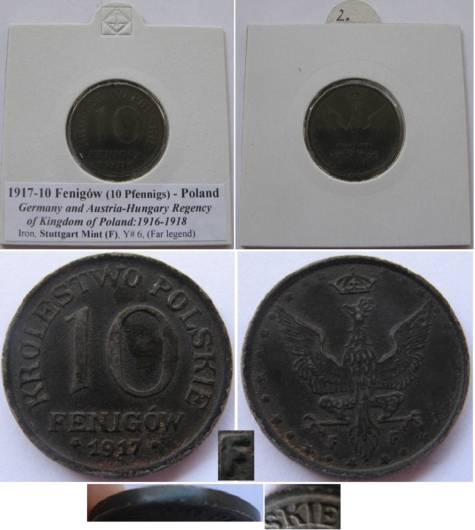  1917, 10 pfennig, F, Kingdom of Poland under Germany   