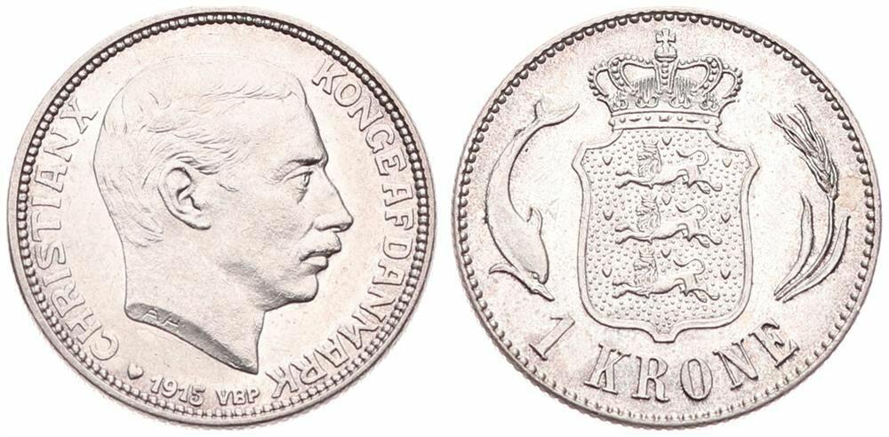  Denmark, Kingdom, Christian X, 1 Krone Silver 1915   