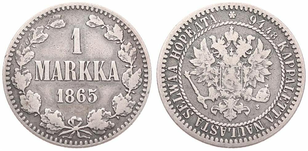  Finland, Grand Duchy, Alexander II, 1 Markka Silver 1865   