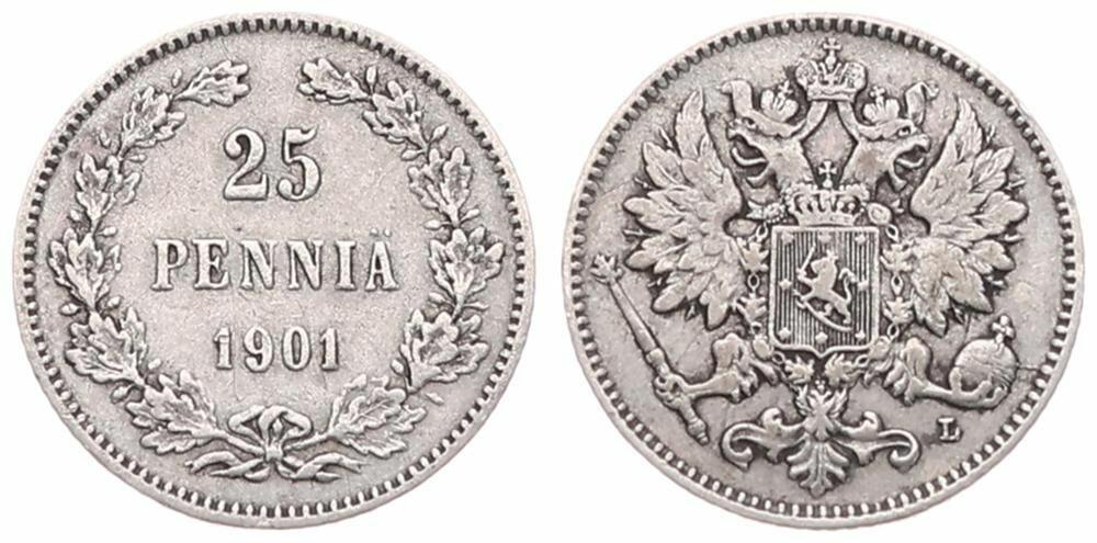  Finland, Grand Duchy, Nicholas II, 25 Pennia Silver 1901   
