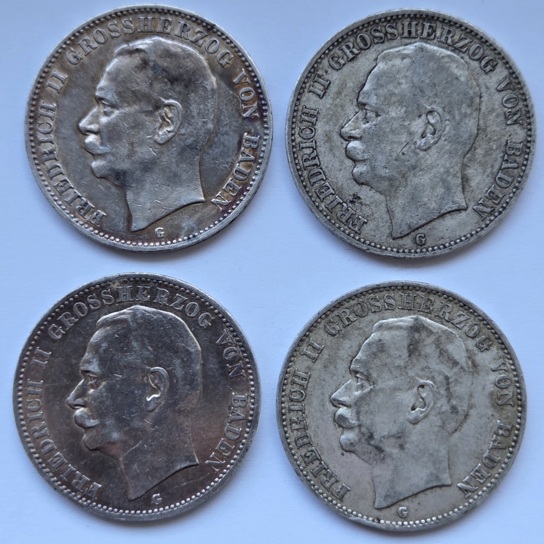  Kaiserreich: Baden, 3 Mark Friedrich II. (Jaeger 39), 4 Stück (1908 + 1910 + 1911 + 1912)   