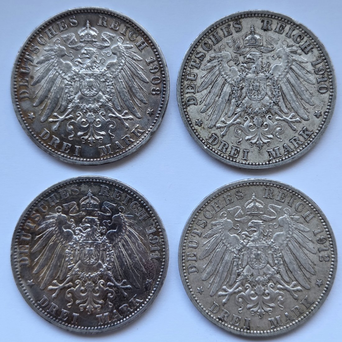  Kaiserreich: Baden, 3 Mark Friedrich II. (Jaeger 39), 4 Stück (1908 + 1910 + 1911 + 1912)   