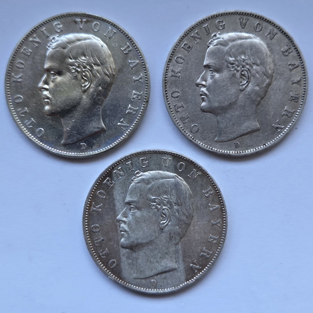  Kaiserreich: Bayern, 3 Mark Otto (Jaeger 47), 3 Stück (1910 + 1911 + 1912)   