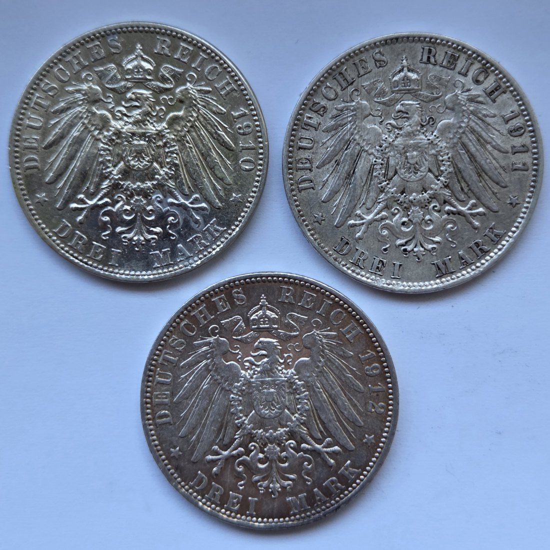  Kaiserreich: Bayern, 3 Mark Otto (Jaeger 47), 3 Stück (1910 + 1911 + 1912)   